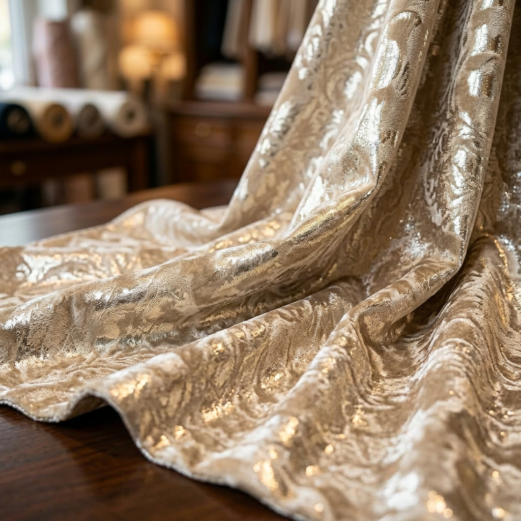Silver fabric covered in sequins and intricate patterns draped on a dark wooden table