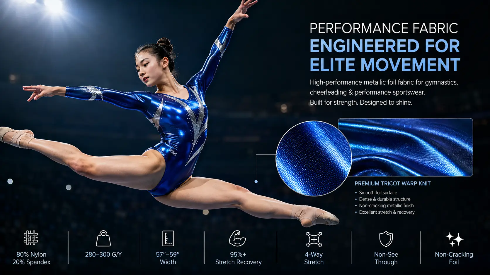 4-way stretch metallic foil spandex for gymnastics leotards